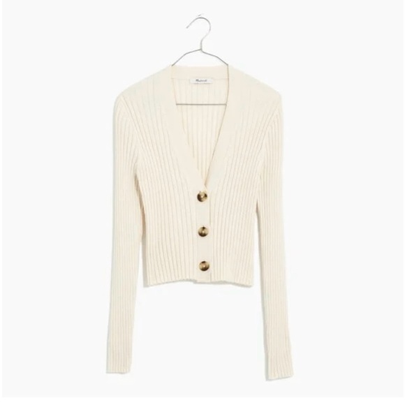 Madewell Brenville Crop Cardigan Wool Blend Sweater in Antique Cream Ribbed XS - Picture 5 of 11